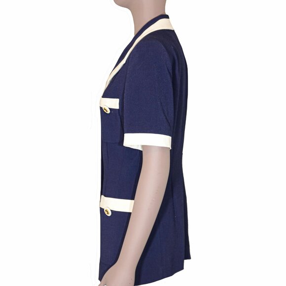 Vintage 80s Sailor Collared Button Down Short Sleeve Blouse Preppy Blazer Office - Picture 3 of 4